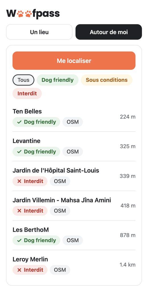 Mobile version: places near me with their stamp and distance.