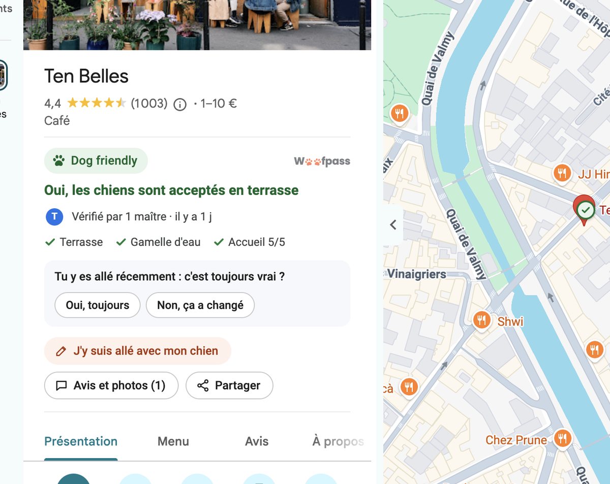Close-up of the Ten Belles Google Maps listing: the Woofpass block added under the place name, green Dog friendly stamp and Yes, dogs are welcome outside.